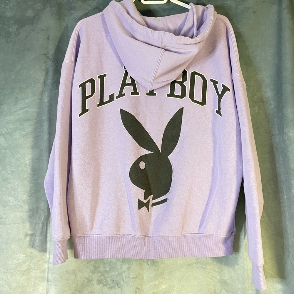 Playboy Bunny Vintage Zip-Up Hoodie Light Purple Bedazzled Outline Back Logo S M - Picture 2 of 11